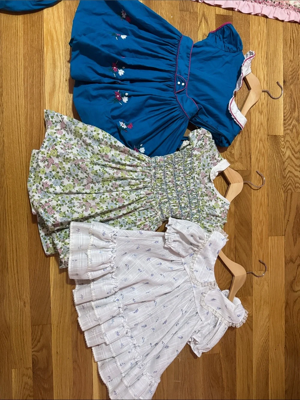 Vintage Set of 3 Girls' Dresses - Teal, Floral Green, White